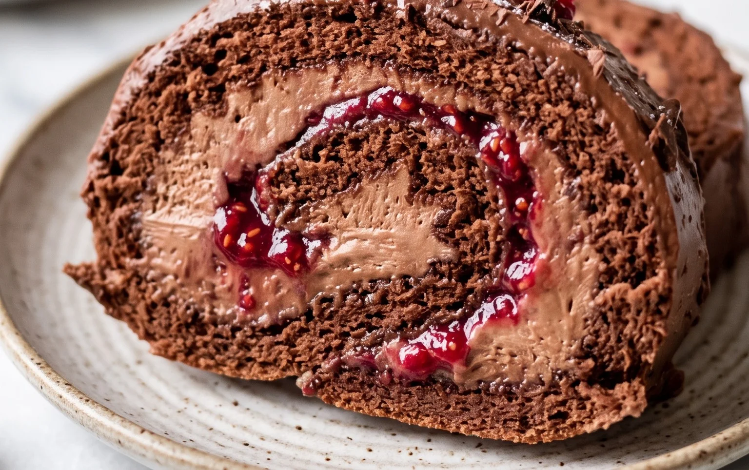 Bûche roulée
chocolat au lait et framboises
